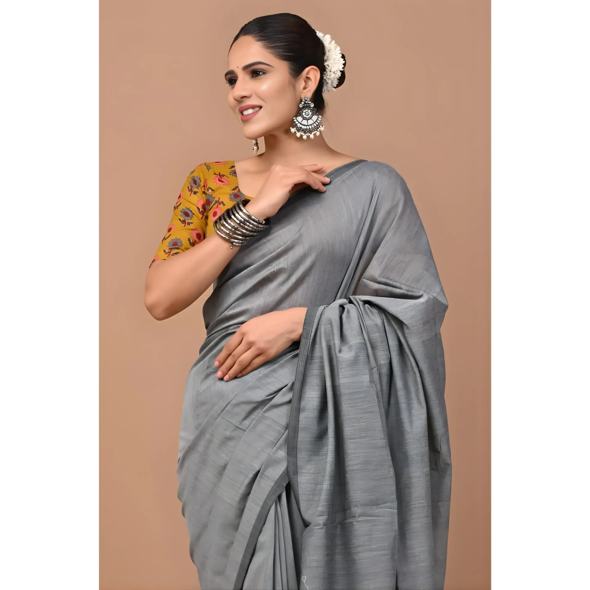 Ash Grey Khadi Cotton Saree
