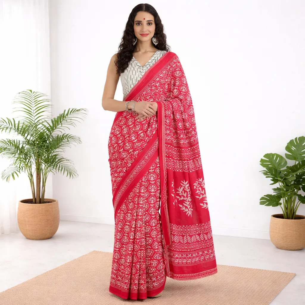 Rani Pink and White Hand Block Print Mul Cotton Saree