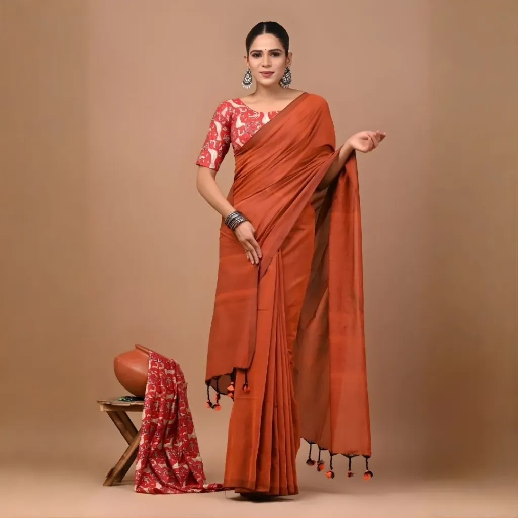 Rust Orange Khadi Cotton Saree