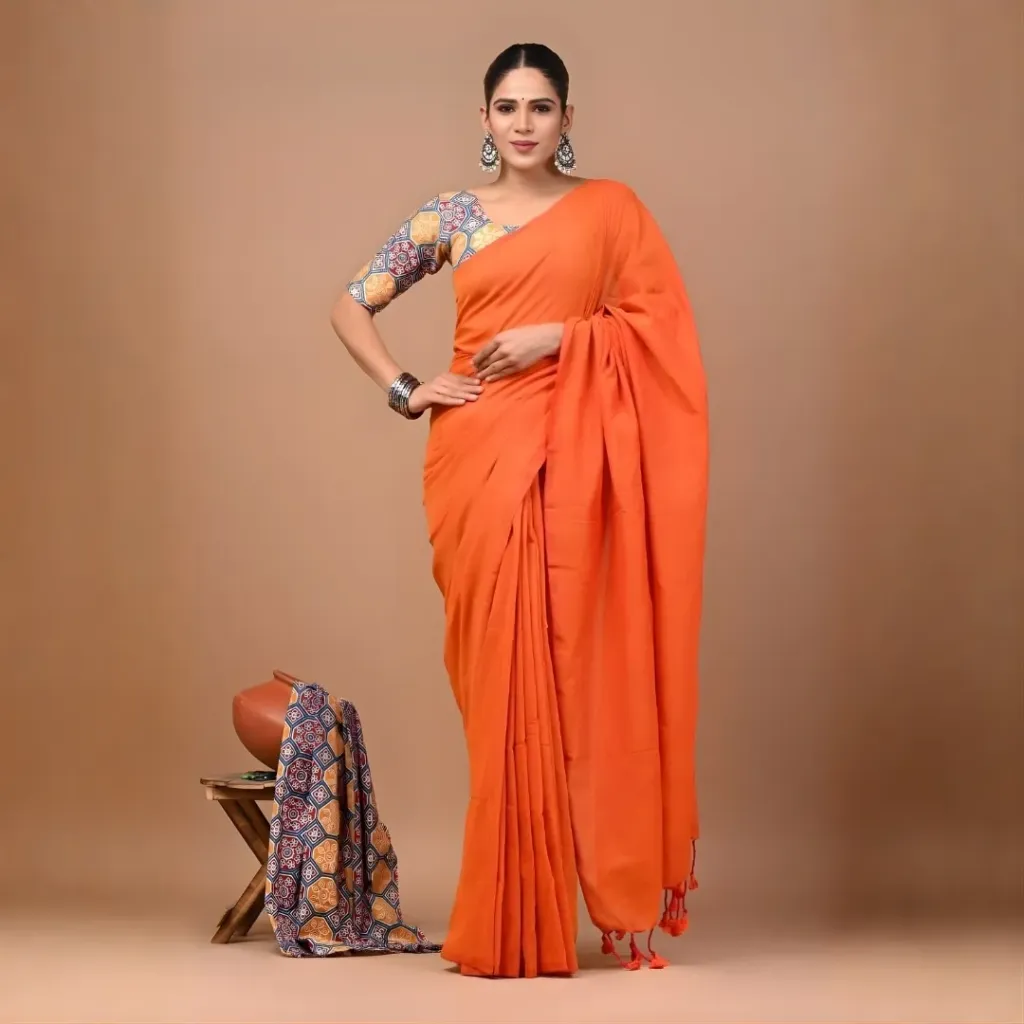 Tangerine Orange Khadi Cotton Saree
