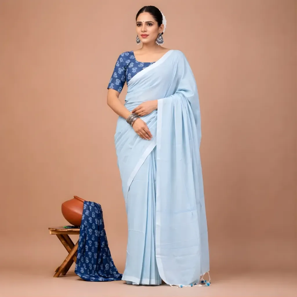 Powder Blue Khadi Cotton Saree