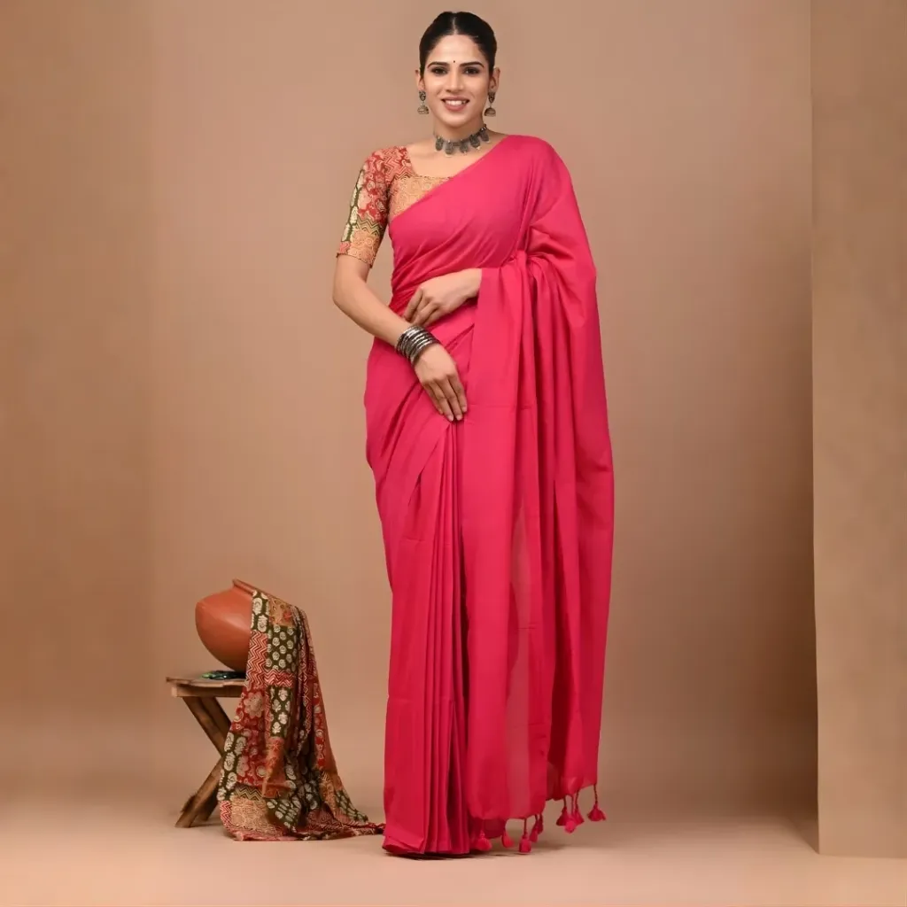Bright Fuchsia Pink Khadi Cotton Saree