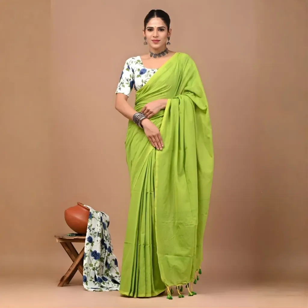 Leaf Green Khadi Cotton Saree